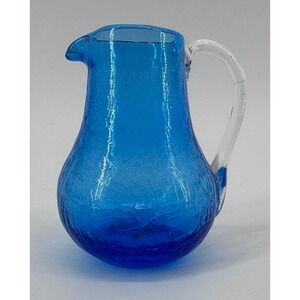 Blenko or Pilgrim Style Cobalt Crackle Glass Pitcher Decor Creamer Jug 3.5 in